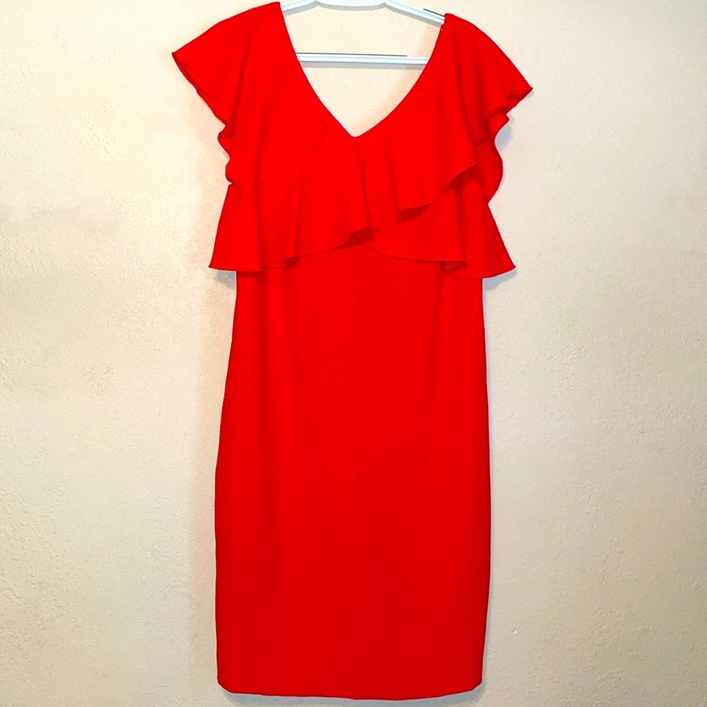 Trina Turk Red Firecracker Cameron Cross Ruffle vneck dress